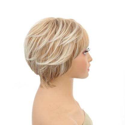 Ladies' Short Pixie Cut Wig - Blonde Straight Hair, Rose Net Cap, Synthetic Fiber, Suitable for All Ethnicities
