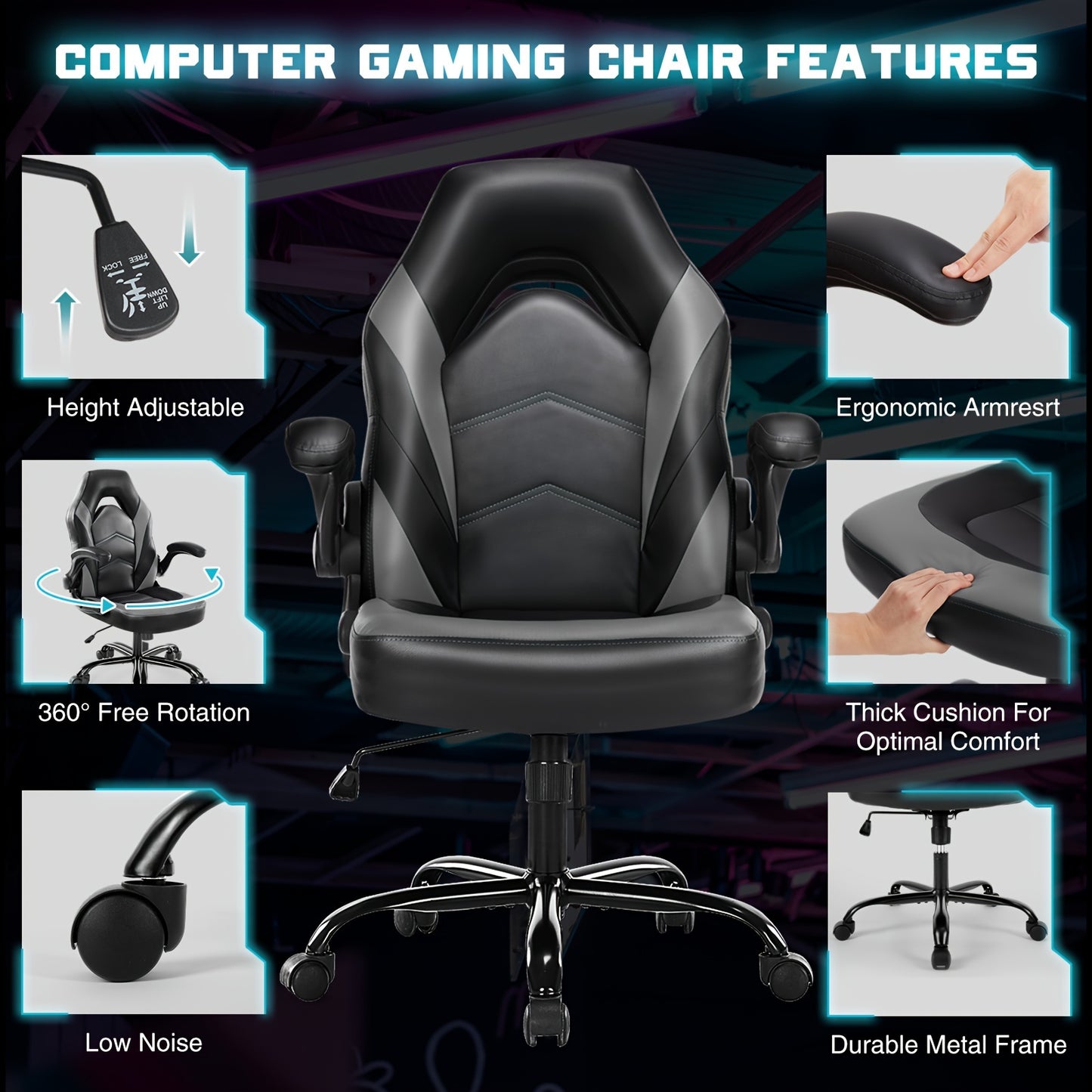 Ergonomic Gaming Chair – PU Leather Home Office Desk Chair with Lumbar Support, Height Adjustable, Big and Tall with Flip-Up Armrests and Swivel Wheels for Adults and Teens