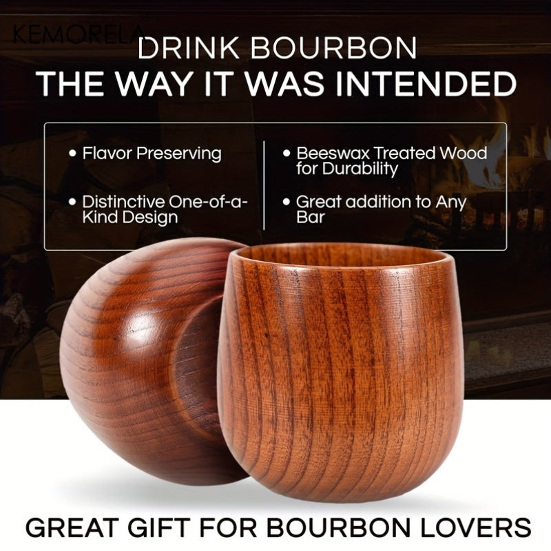 KEMORELA Wooden Bourbon Glass Set - 2/4/6 Pieces, Quality Oak Wood, Non-Tarnish, Unique Design - Ideal for Whiskey, Cocktails - Great Men's Gift for Birthdays and Festive Occasions