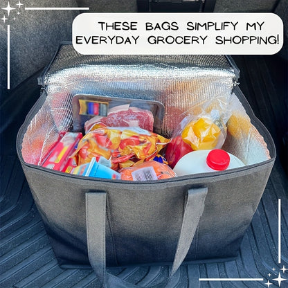 3 Pack Insulated Grocery Bags – Non-Woven Shopping Totes with Zipper, Collapsible for Food Transport