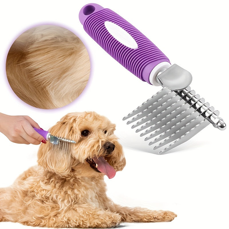 Pet Dematting Rake Comb Brush - Detangle Matted Undercoat for Dogs with Steel Safety Blades