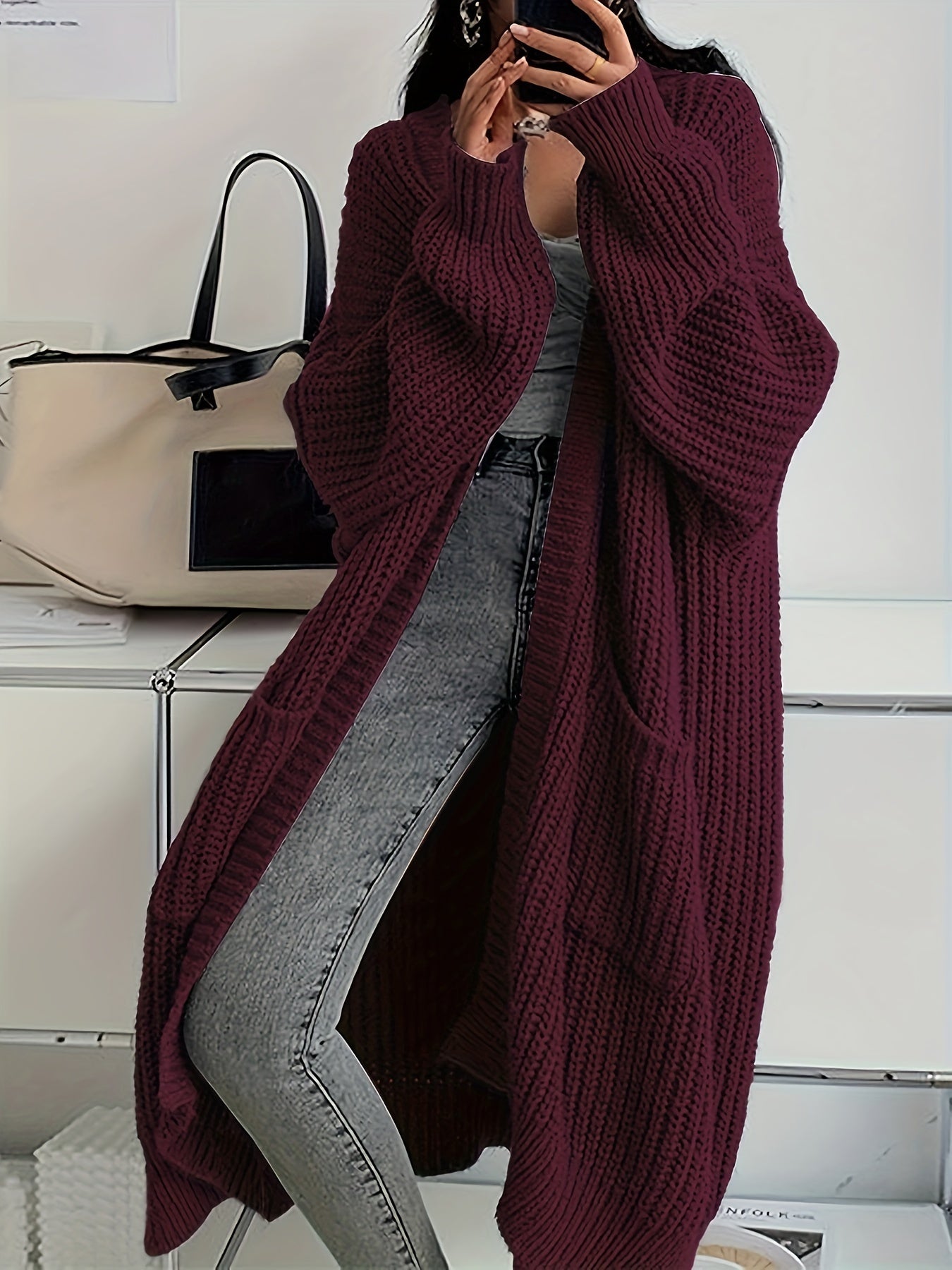Solid Color Open Front Knitted Cardigan - Casual Long Sleeve Long Length for Spring and Fall Women's Clothing