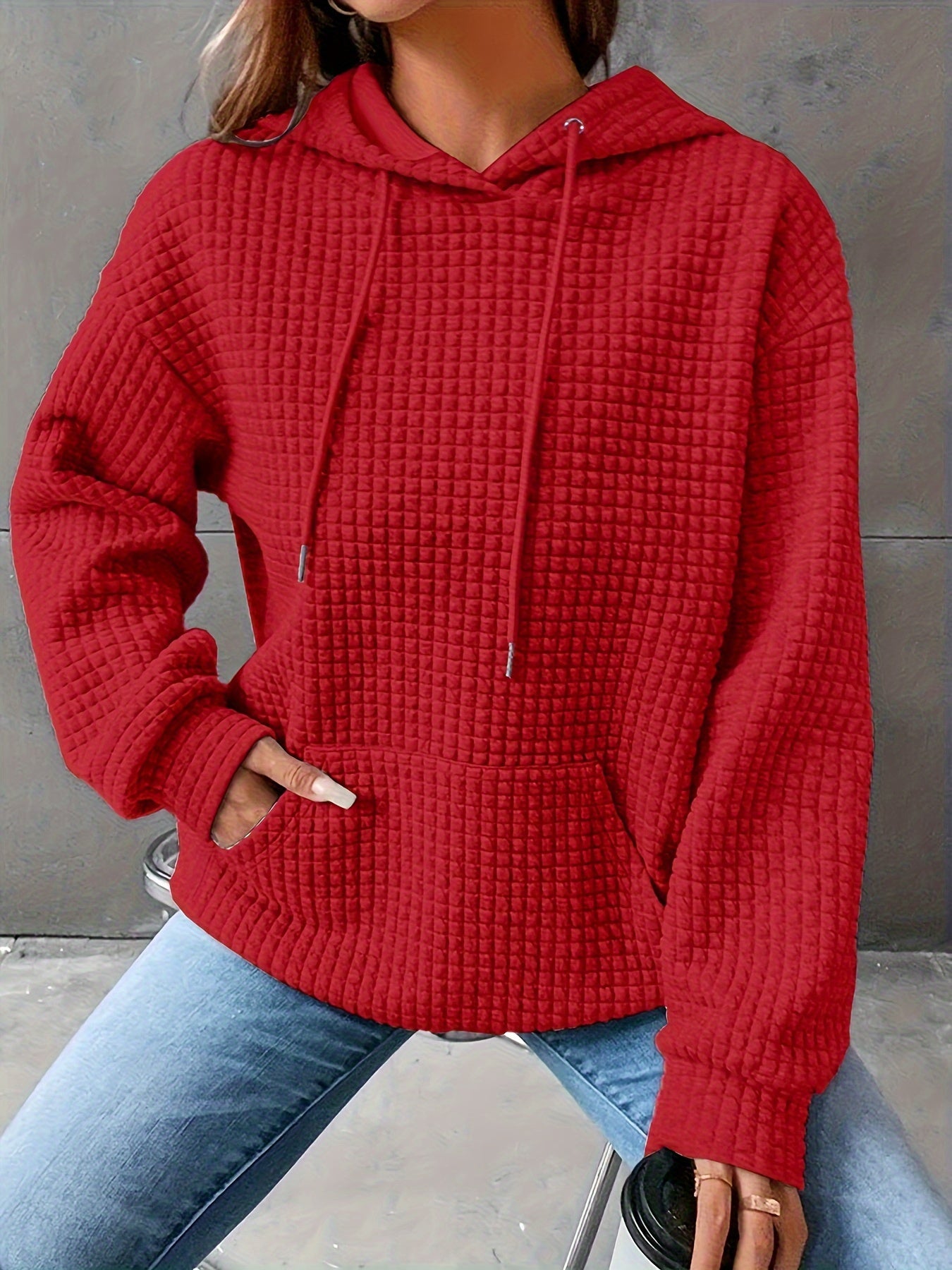 Plus Size Casual Hooded Sweatshirt for Women – Solid Waffle Pattern, Long Sleeve, with Drawstring and Pockets