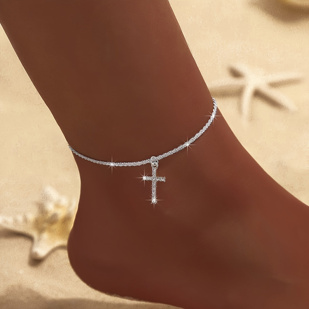 2pcs 925 Sterling Silver Wavy Cross Anklet Set for Women – Beach Star Anklet Gift for Holiday