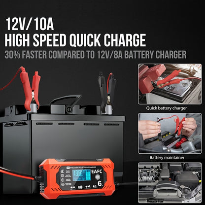 12V 6A Smart Car Battery Charger – Auto Battery Maintainer for 12V & 24V, Trickle Charger for Car, Truck, Motorcycle, Lawn Mower, Marine Lead Acid