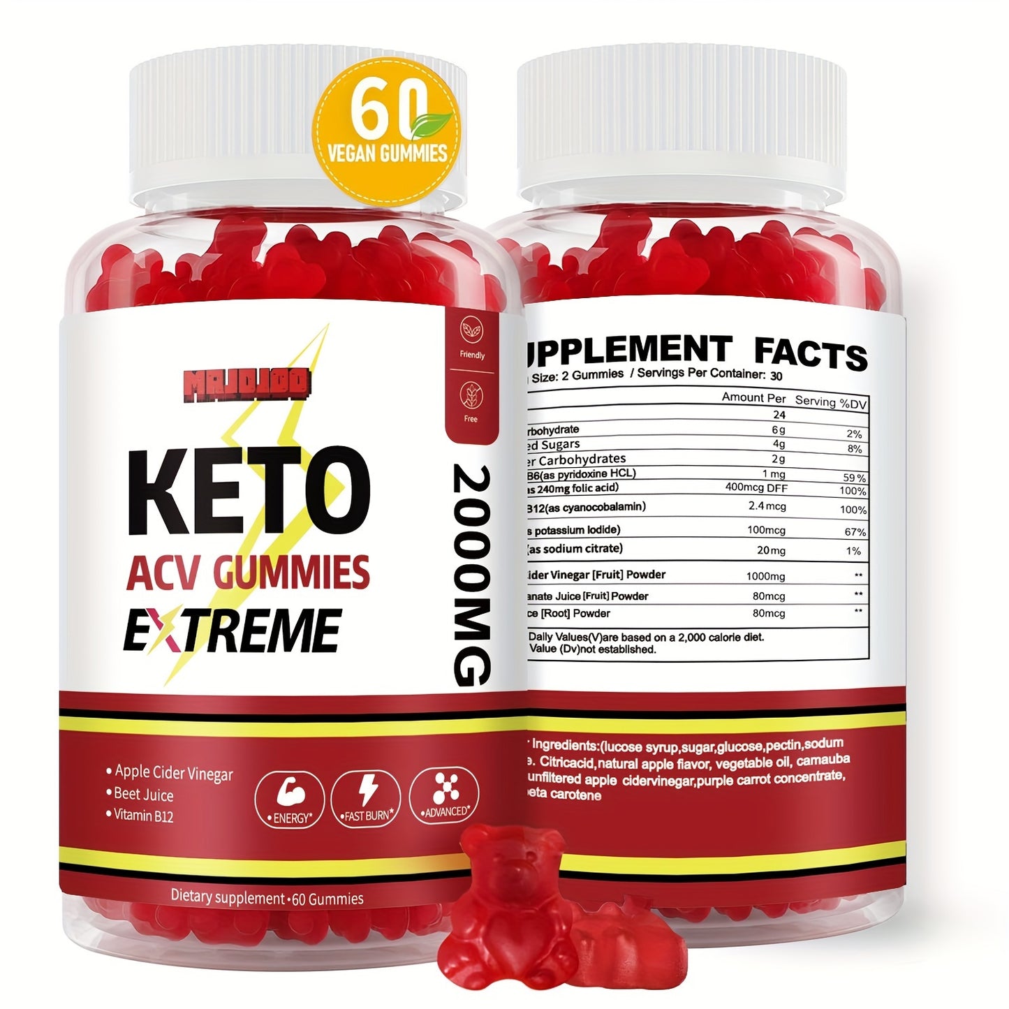 Keto ACV Gummies - Apple Cider Vinegar with Pomegranate, Beet Juice Powder & B12, 60 Gummies for Extreme Keto Support