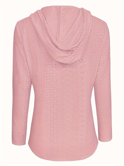 Solid Color Button Eyelet Hoodie – Casual Long Sleeve Drawstring Sweatshirt – Women's Clothing