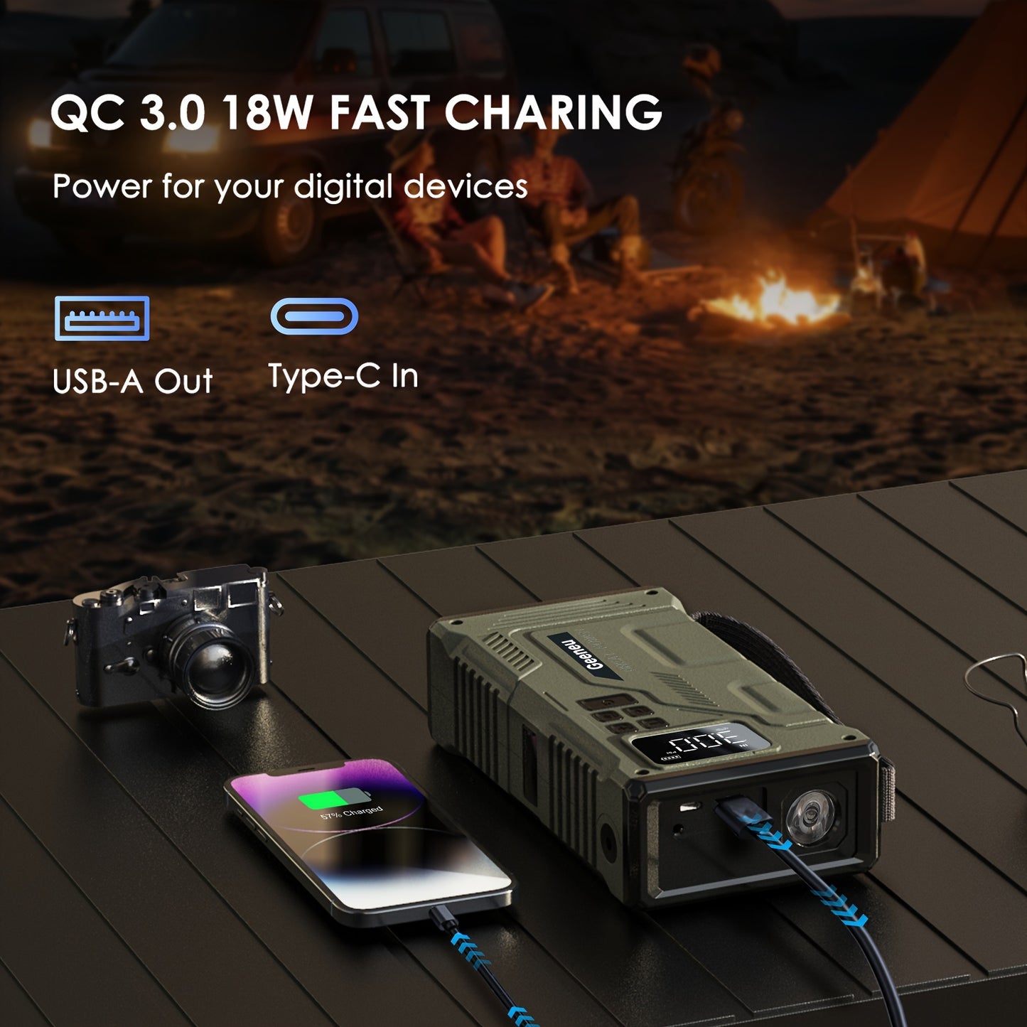 3000A Peak Car Jump Starter with Air Compressor – Portable 12V Battery Charger, 150PSI Digital Tire Inflator, QC18W Fast Charge, LED Emergency Light – Multi-Function Power Bank for 9.0L Gas/7.5L Diesel Vehicles