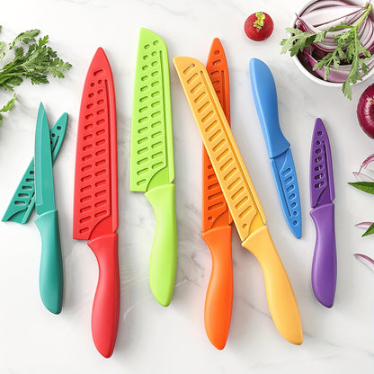 14 Piece Rainbow Kitchen Knife Set – Sharp Stainless Steel, Dishwasher Safe, Professional Knives with Sheaths and Blade Guards, Non-Stick