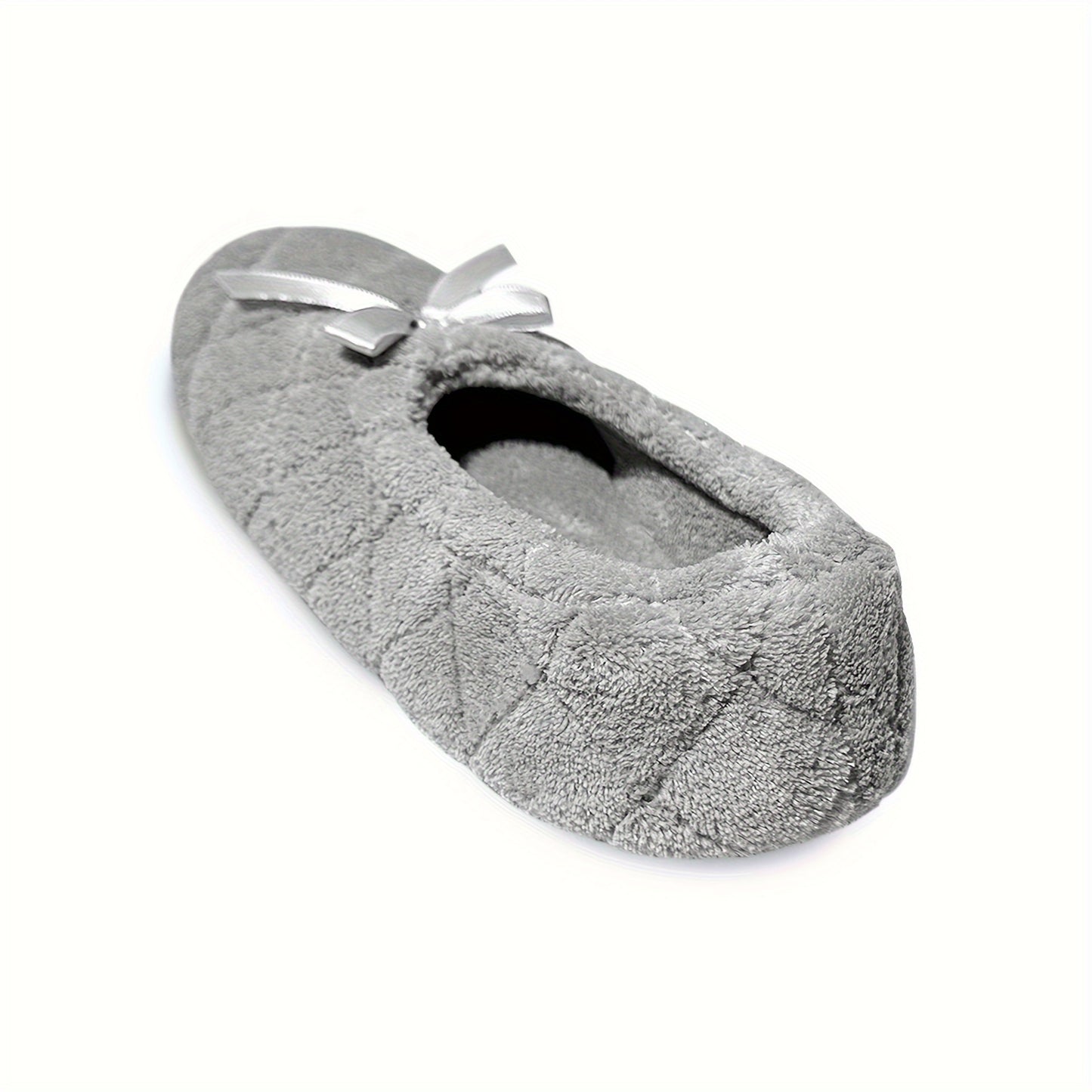 Elegant Women's Ballerina Slippers - Soft Quilted Terrycloth with Satin Bowknot, Lightweight Indoor Shoes in Grey