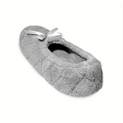 Elegant Women's Ballerina Slippers - Soft Quilted Terrycloth with Satin Bowknot, Lightweight Indoor Shoes in Grey