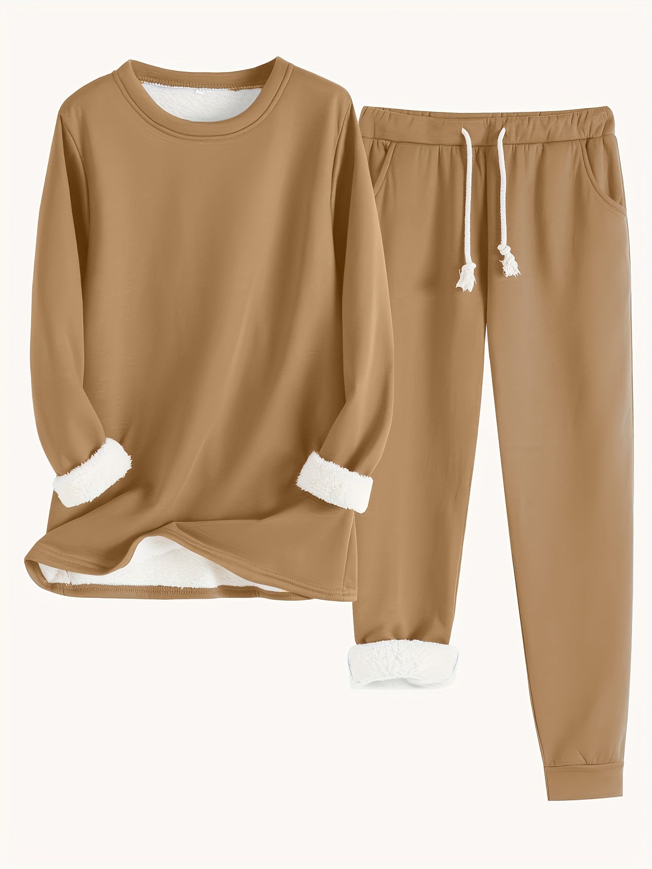 Women's Solid Color Thermal Set – Long Sleeve Sweatshirt & Drawstring Pants Outfit
