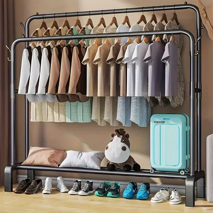 Adjustable Metal Clothes Rack – Heavy-Duty Hanging Organizer with Top Rod and Lower Storage Shelf, Black, for Bedroom and Living Room