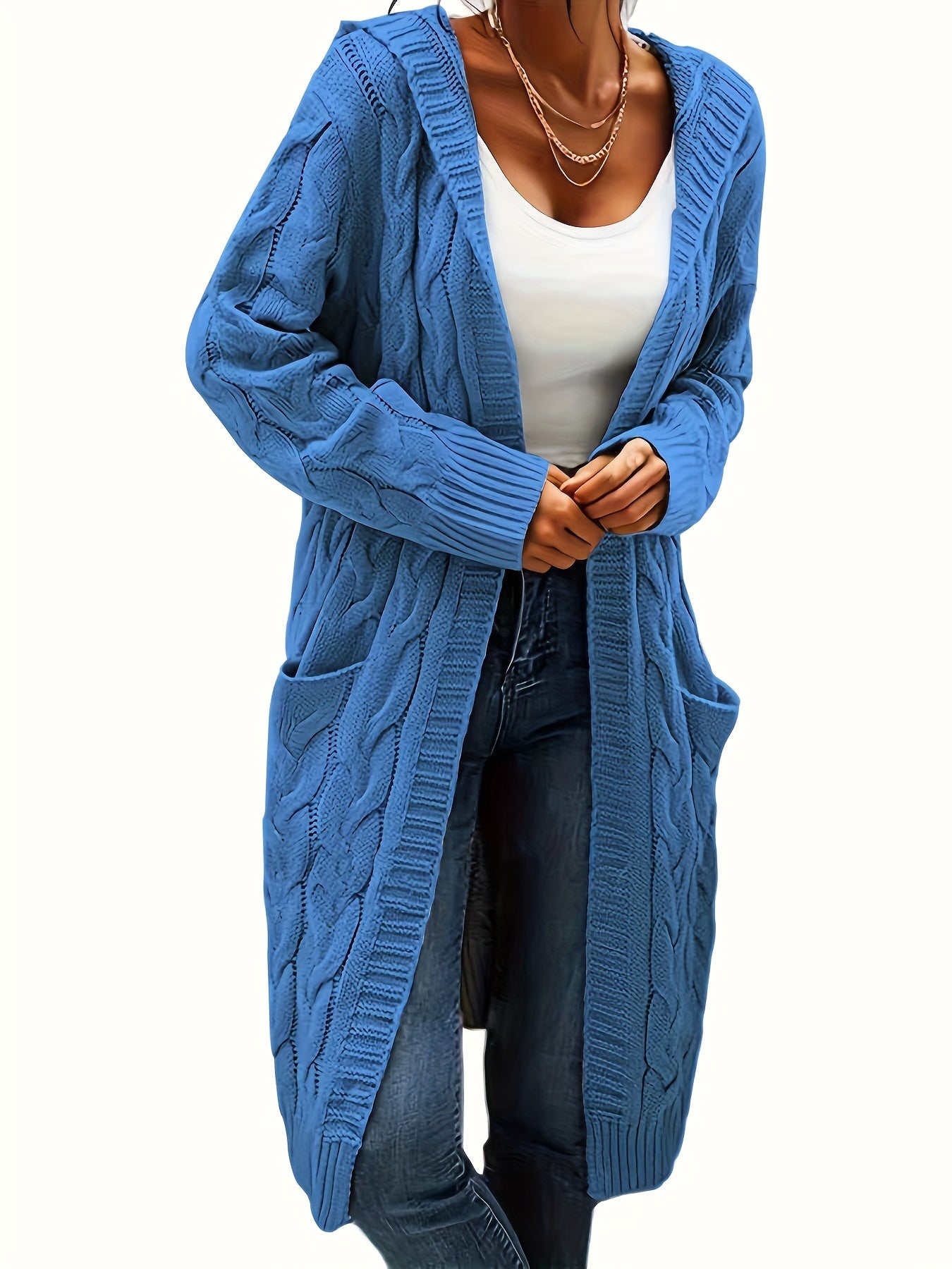 Solid Open Front Cable Knit Hooded Cardigan – Casual Long Sleeve Mid-Length Sweater with Pocket for Women