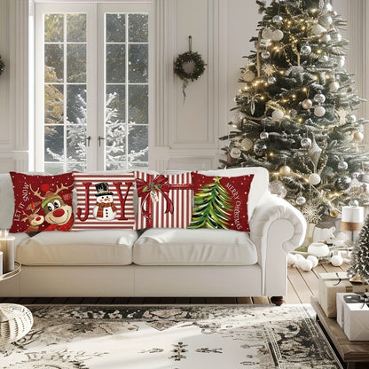 4pcs Merry Christmas Throw Pillow Covers - Cute Reindeer, Snowman & Xmas Tree Designs, Winter Holiday Farmhouse Decor, 18x18in Cushion Covers for Porch, Patio & Living Room