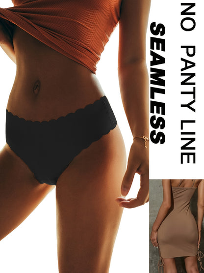 6 Piece Solid Seamless Scallop Trim Thongs – Ultra Comfy, Breathable, Stretchy Intimates for Women – Soft, Silky, Sweat-Wicking Lingerie for Everyday Wear