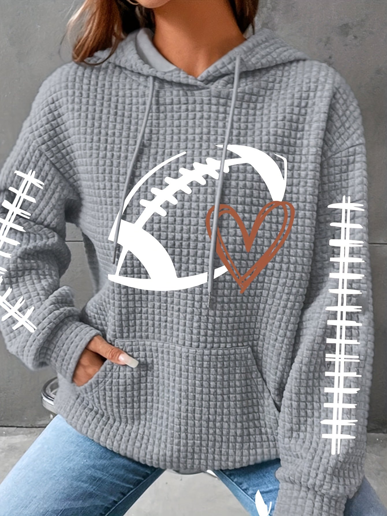 Cozy Plus Size Women's Hoodie – Heart Rugby Print, Waffle Knit, Long Sleeve with Drawstring Hood and Kangaroo Pockets, Casual Wear for Curvy Fashionistas