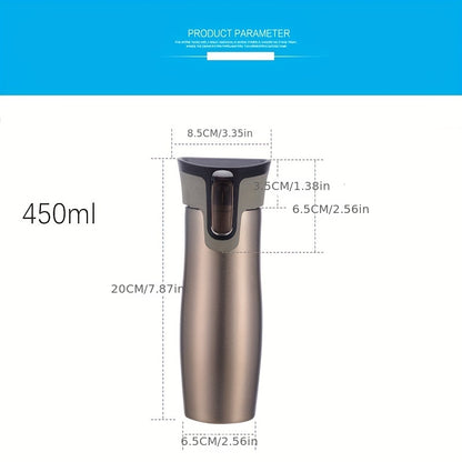 450ml/15.2oz Stainless Steel Vacuum Travel Mug - Thermal Water Cup with Heat Insulation, Durable 304 Stainless Construction