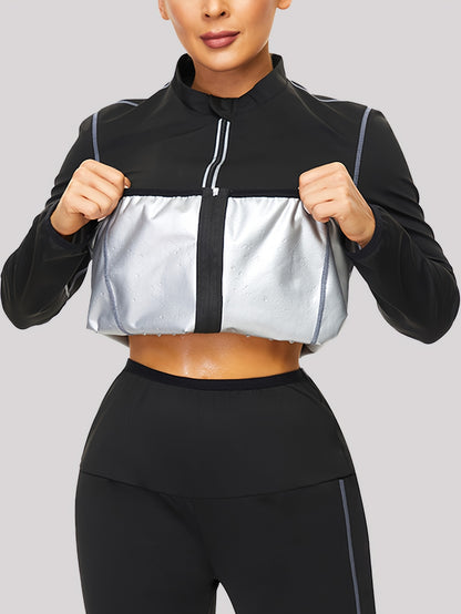 Women's Silver Coated Contrast Zip Sports Jacket - Sweat-Enhancing Long Sleeve Athletic Top for Gym and Fitness Wear