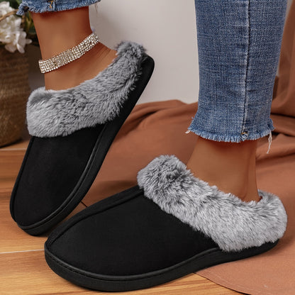 Fluffy Solid Color Cozy Slippers - Soft Sole Flat Closed Toe Plush Lined Winter Non-Slip Home Warm Shoes