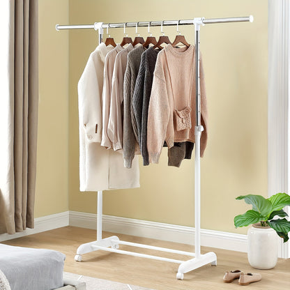 Adjustable Rolling Garment Rack – Metal Chrome & White, 84-121W x 44D x 123.5-163H cm