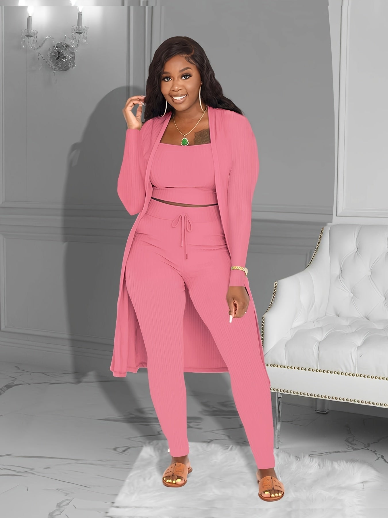 Women's Ribbed Solid Three-Piece Set - Open Front Long Sleeve Cardigan, Tank Top, and Lace-Up Pants Outfit