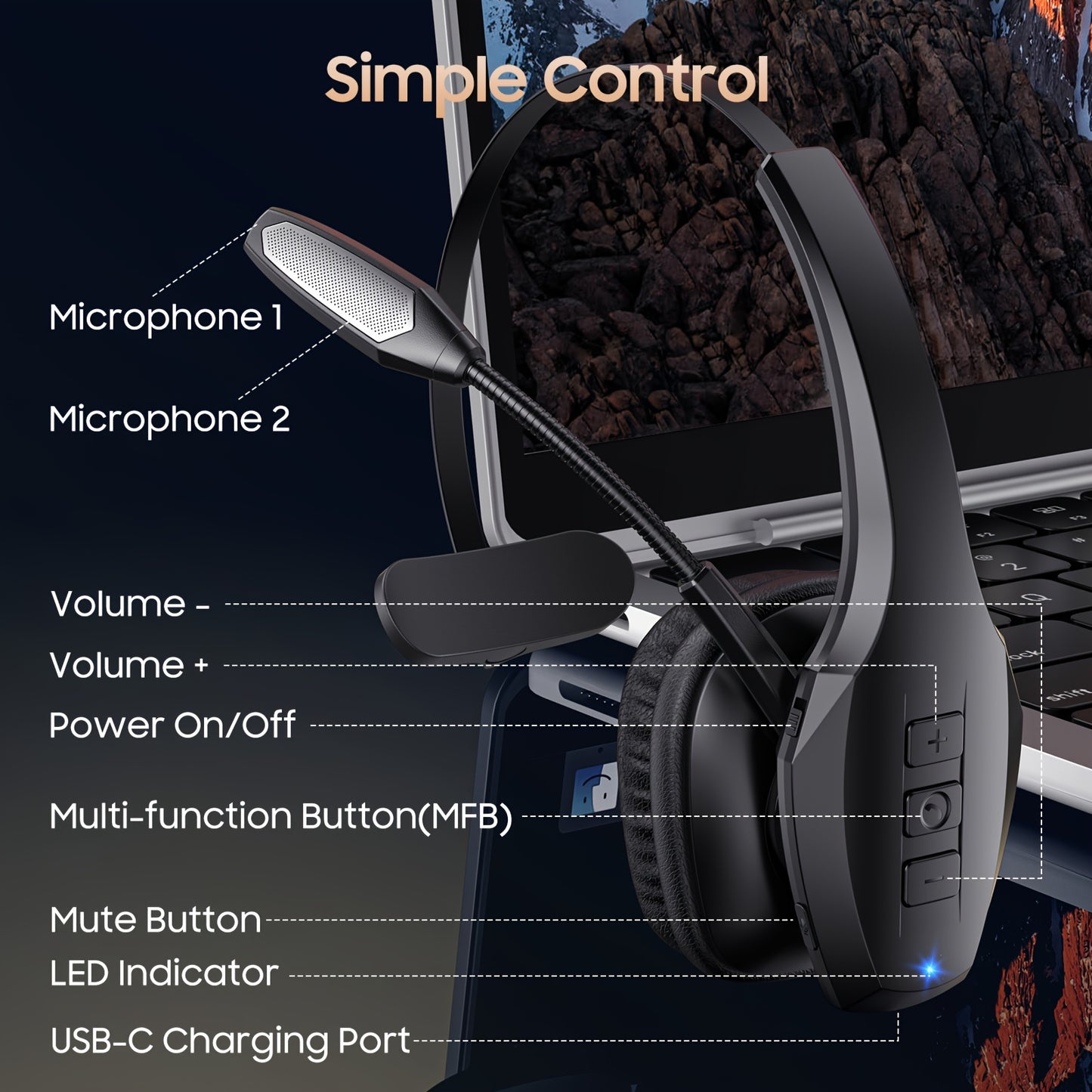 55-Hour Battery Life Wireless Trucker Headset - Dual Noise Cancelling Microphone for Truck Drivers, PC & Cell Phones