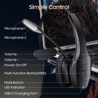 55-Hour Battery Life Wireless Trucker Headset - Dual Noise Cancelling Microphone for Truck Drivers, PC & Cell Phones