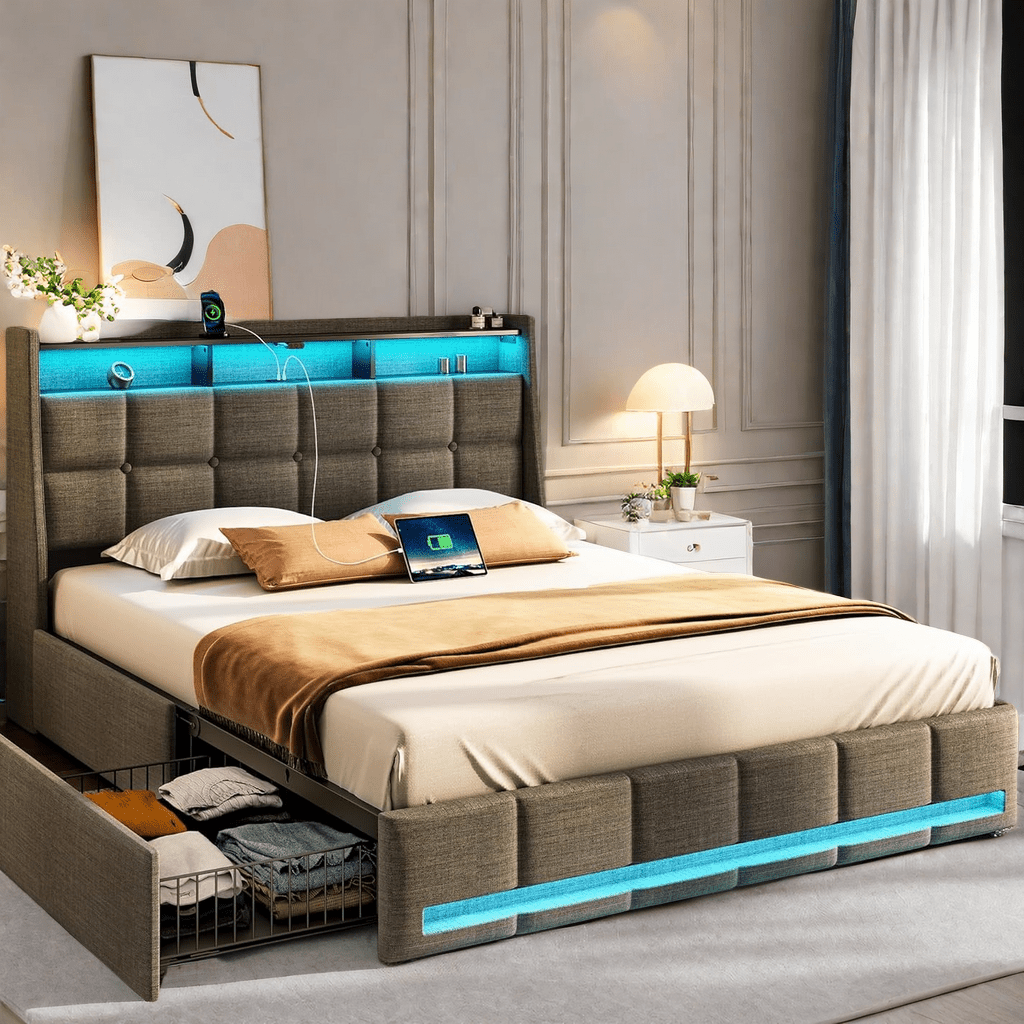Twin Full Queen Bed Frame with LED Lighting and Charging Station - PU Leather/Neutral Linen Storage Headboard, Drawers, Heavy Duty Wood Slats, Easy Assembly - Modern Bedroom Furniture Upgrade