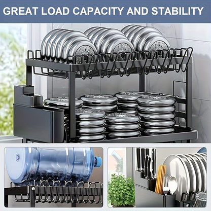 2-Tier Large Stainless Steel Dish Drying Rack with Drainboard – Black Dish Drainer for Kitchen Counter – Includes Space for Dishes, Knives, Cups, Cutting Board