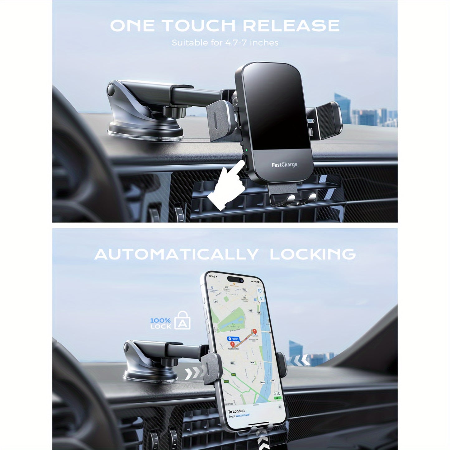 CHGeek Wireless Car Charger - 15W Fast Charging Auto Clamping Phone Mount and Holder, Fits iPhone 15/14/13/12/11 Pro Max Xs, Samsung Galaxy S24/S23/S22/S21/S20/S10+, Black