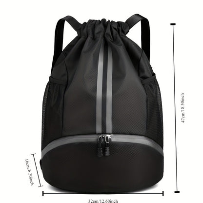 Nylon Sports Drawstring Backpack – Wet/Dry Separation, Tassel Embellishment, Framed Design with Utility Pocket, Plaid Pattern Bag for Basketball, Soccer, Volleyball