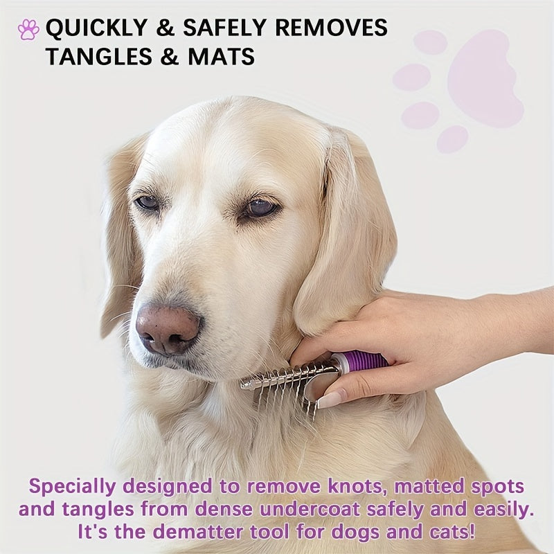 Pet Dematting Rake Comb Brush - Detangle Matted Undercoat for Dogs with Steel Safety Blades