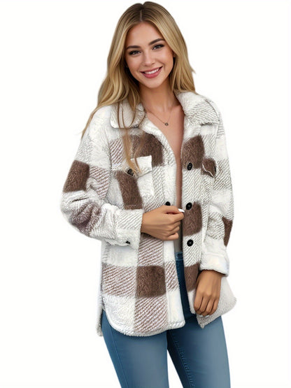 Plaid Pattern Button Front Jacket – Elegant Long Sleeve Warm Outerwear for Fall & Winter, Women's Clothing