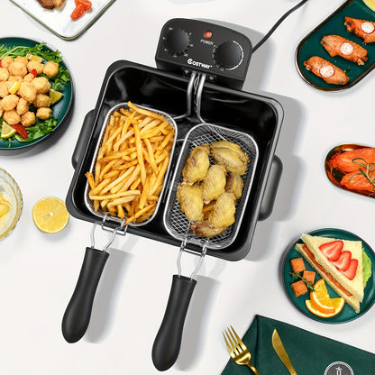 21-Cup Extra-Large Electric Deep Fryer - Stainless Steel Body, 1700W Power, Triple Basket for Easy Frying, Cooking, and Serving