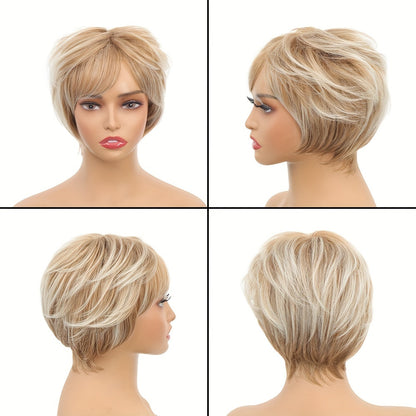 Ladies' Short Pixie Cut Wig - Blonde Straight Hair, Rose Net Cap, Synthetic Fiber, Suitable for All Ethnicities