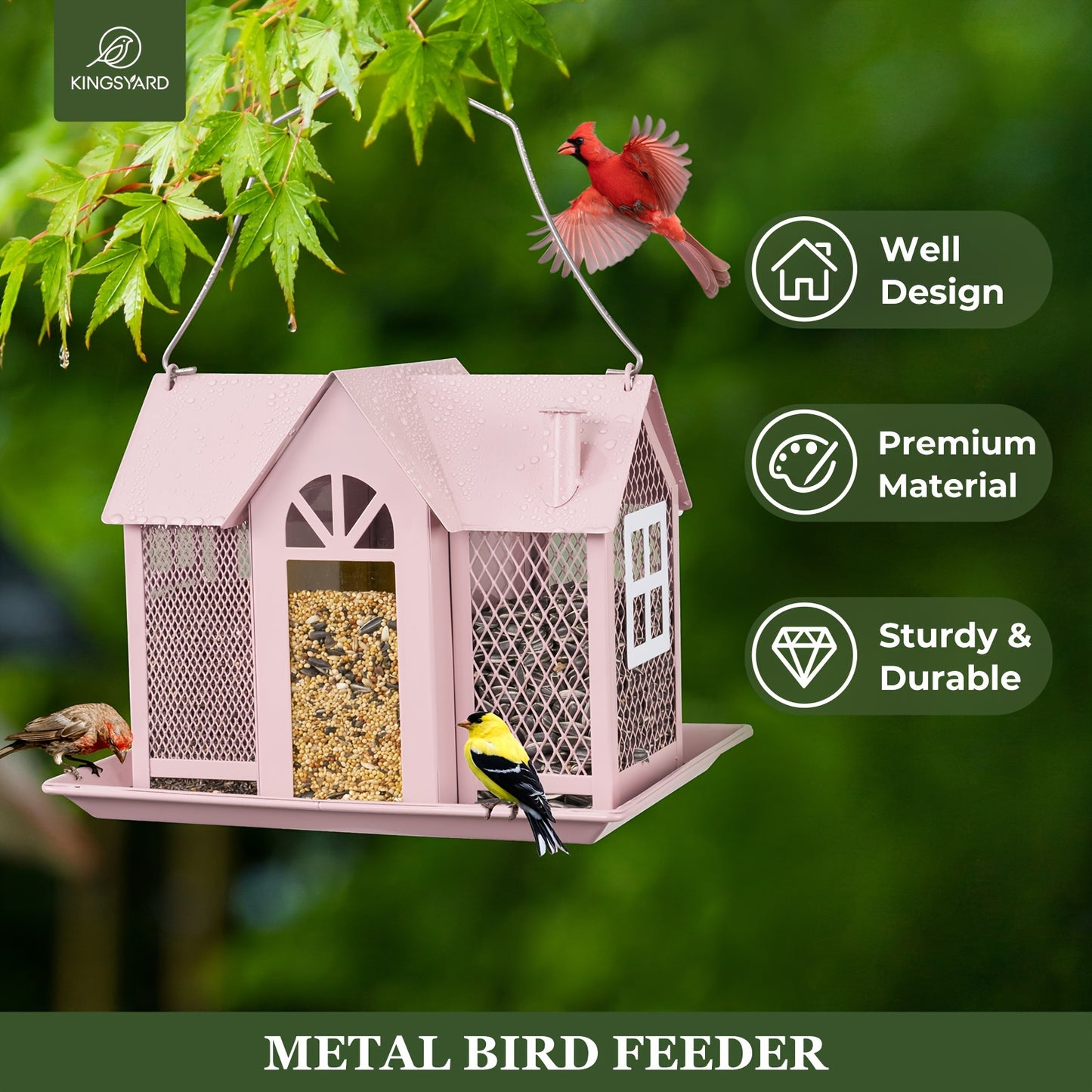 Kingsyard Metal Bird Feeder House – Weatherproof Wild Bird Feeder with Triple Feeders for Finch, Cardinal & Chickadee, Large Capacity