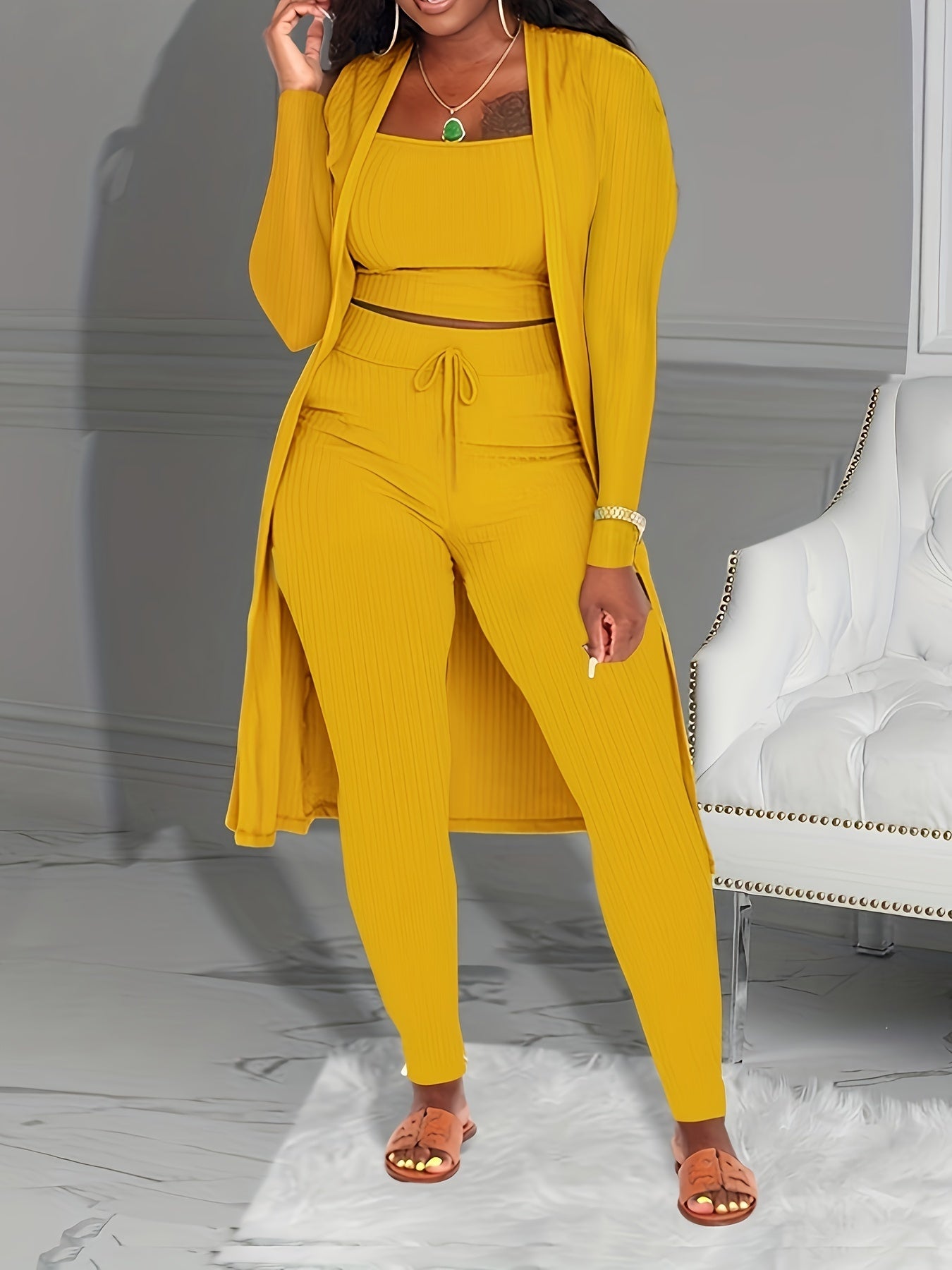 Women's Ribbed Solid Three-Piece Set - Open Front Long Sleeve Cardigan, Tank Top, and Lace-Up Pants Outfit