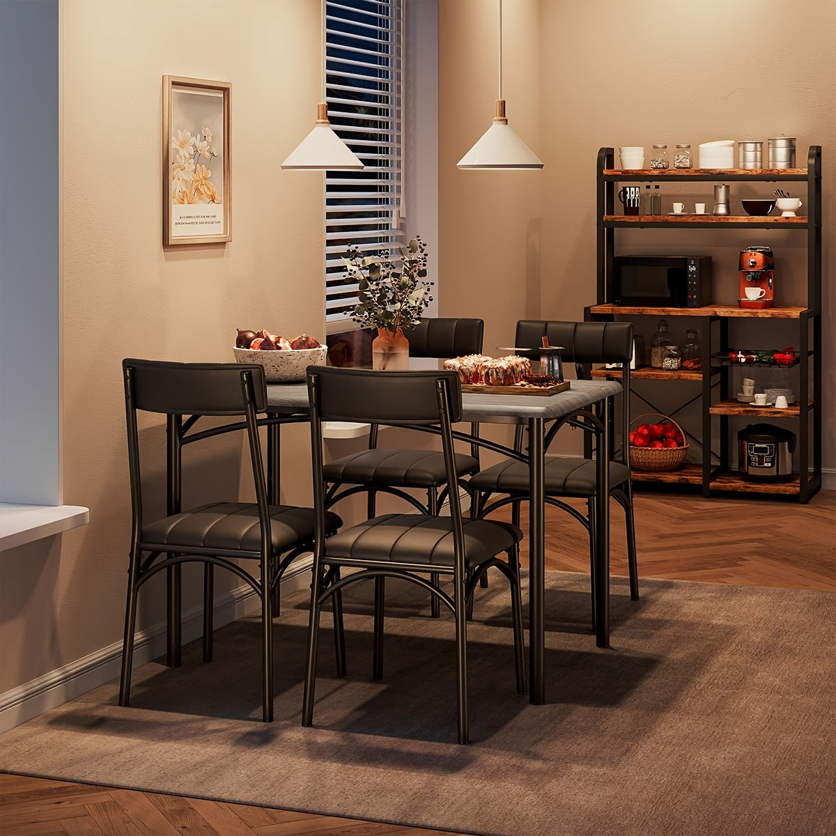 5 Piece Rectangular Dining Table Set with Upholstered Chairs for 4 - Modern Counter Height Dining Table and Chairs for Kitchen, Breakfast Nook, or Small Space - Brown