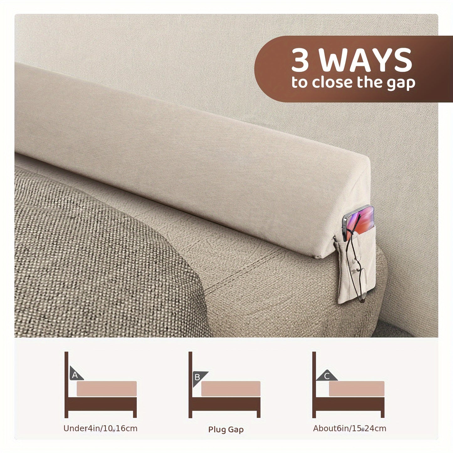 Ergonomic Bed Wedge Pillow - Supportive Memory Foam Triangle Bolster for Headboard & Mattress Gap Filler - Reading & Sleeping Comfort - Available in Queen, King, Twin, Full Size (6''x6'') - Grey/Beige
