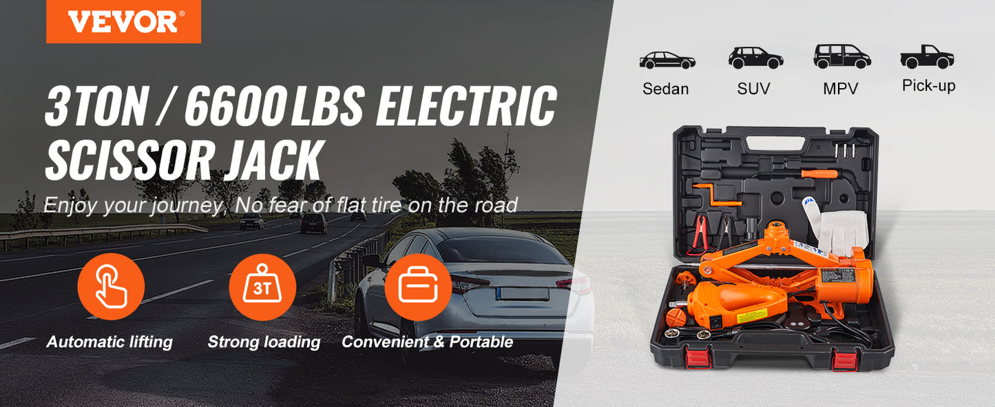 VEVOR 3 Ton Electric Car Jack – 12V Scissor Jack with Impact Wrench for SUV & Truck Tire Changes