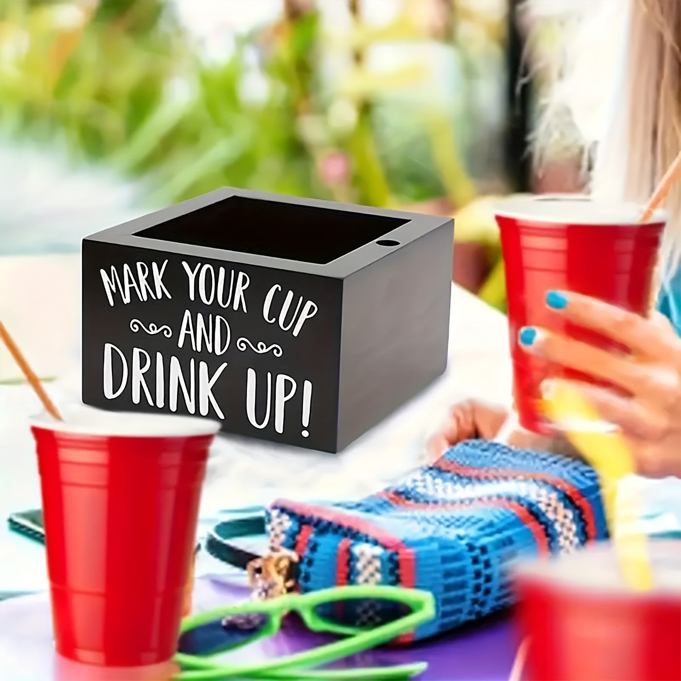 Rustic Wooden Cup Holder with Marker Slot - Ideal for Coffee Shops, Bars, and Parties, Fits Most Plastic Cups, Decorative Drink Dispenser with Utility Hooks