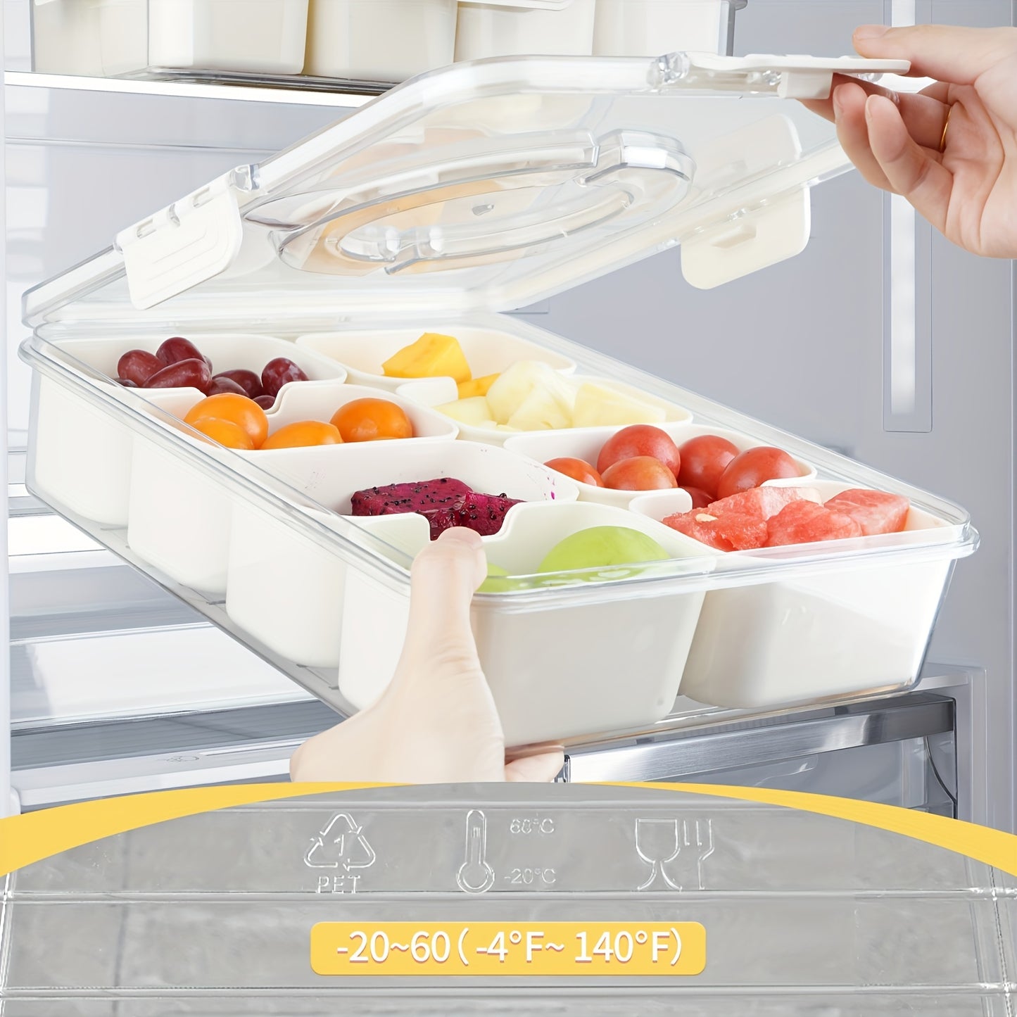 Divided Serving Tray with Handle - Lid and Removable Snack Box, 8-Compartment Fruit Container, Food Storage, Snack and Lunch Organizer, Fridge Platter for Candy, Party, Salad