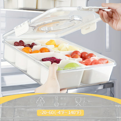 Divided Serving Tray with Handle - Lid and Removable Snack Box, 8-Compartment Fruit Container, Food Storage, Snack and Lunch Organizer, Fridge Platter for Candy, Party, Salad