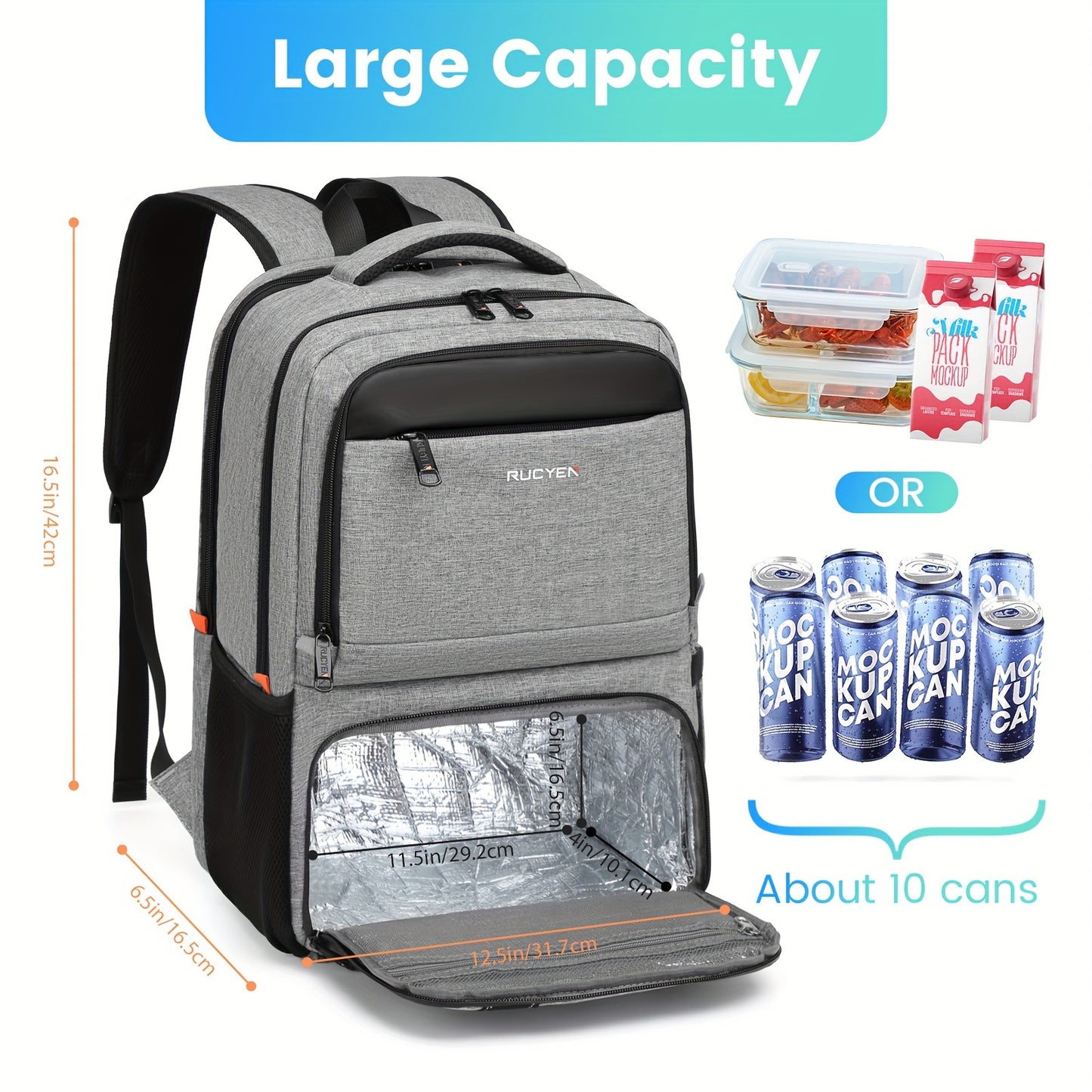 RUCYEN Insulated Lunch Backpack - Cooler Lunch Box for Men & Women, 15.6" RFID Blocking Laptop Backpack with USB Port for Work, Travel, Picnics and Hiking