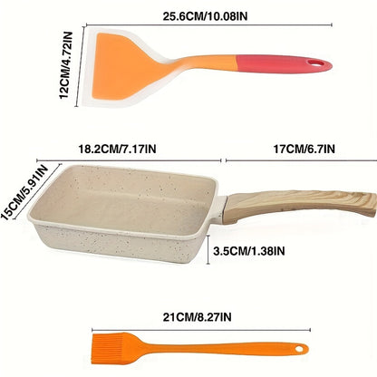 Japanese Tamagoyaki Pan Set - Non-Stick Aluminum Rectangular Frying Pan with Silicone Spatula and Oil Brush - Ideal for Eggs and Pancakes, Hand Wash Only