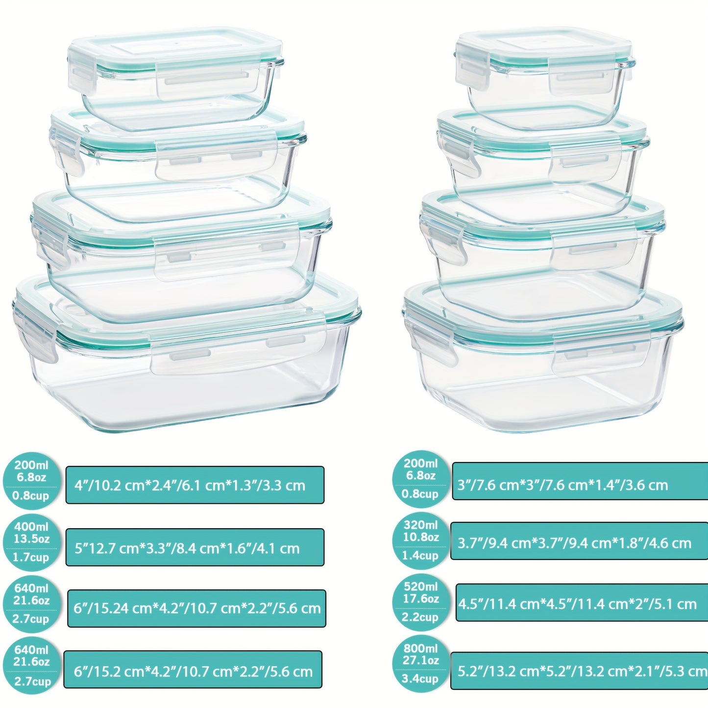 8-Pack Glass Food Storage Containers – Airtight Meal Prep Bento Boxes with Leak-Proof Locking Lids, Microwave, Oven, Freezer, and Dishwasher Safe, BPA-Free