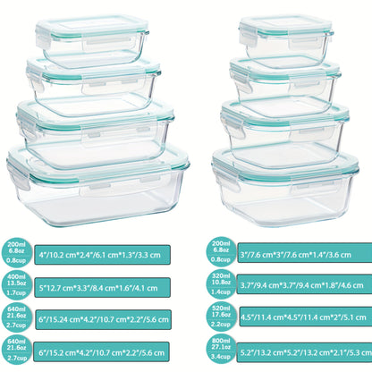 8-Pack Glass Food Storage Containers – Airtight Meal Prep Bento Boxes with Leak-Proof Locking Lids, Microwave, Oven, Freezer, and Dishwasher Safe, BPA-Free