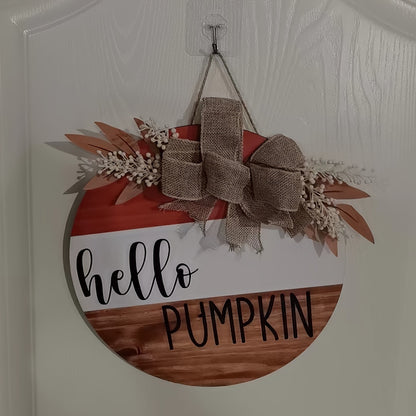 Rustic Wooden Hello Pumpkin Sign – Round Autumn Door Hanger with Bow and Foliage for Fall Harvest Home Decor
