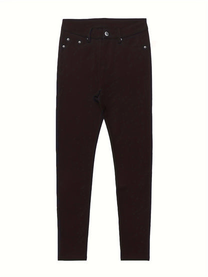 Women's High Waist Stretch Jeans - Street Style Skinny Denim Pants with Metal Button Details, Plain Black Casual Fashion